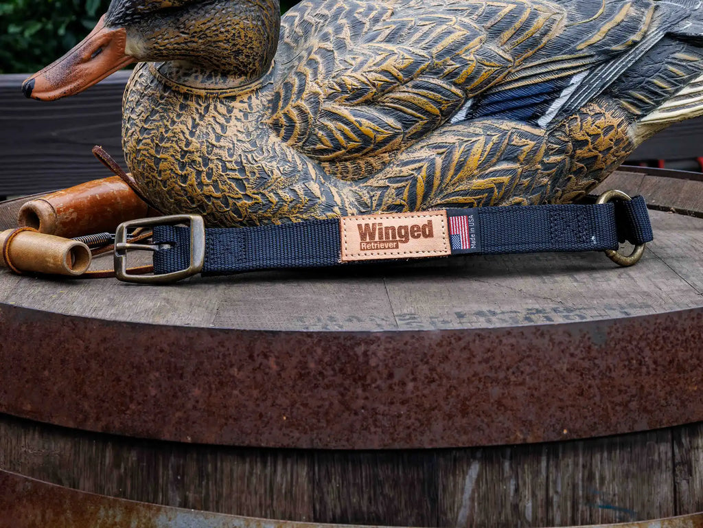 Patternmaster Wendy's Point Nylon Collar on a rustic barrel with a duck decoy.
