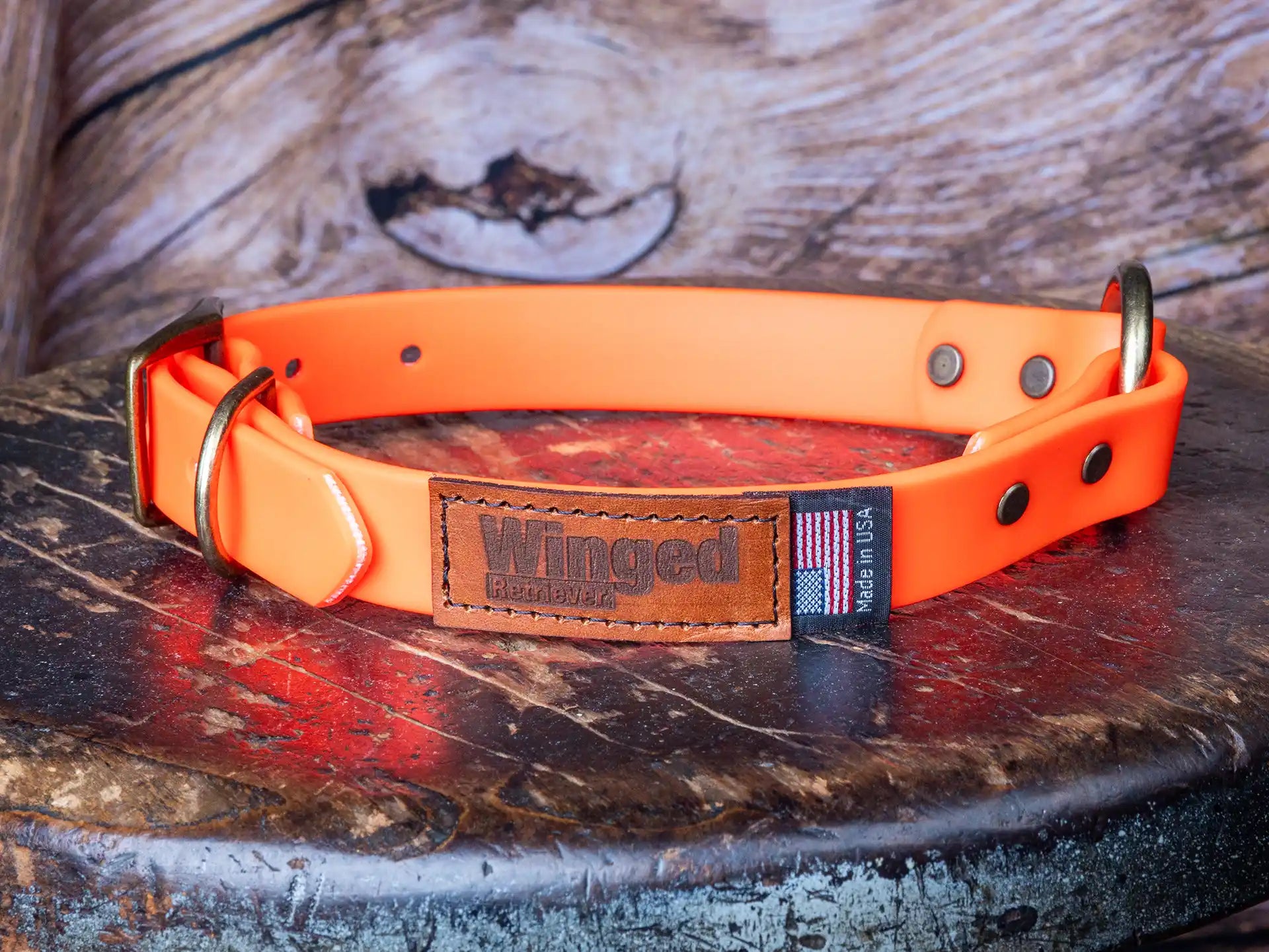 Patternmaster Jenny's Will Collar, bright orange hunting dog collar on wooden surface.