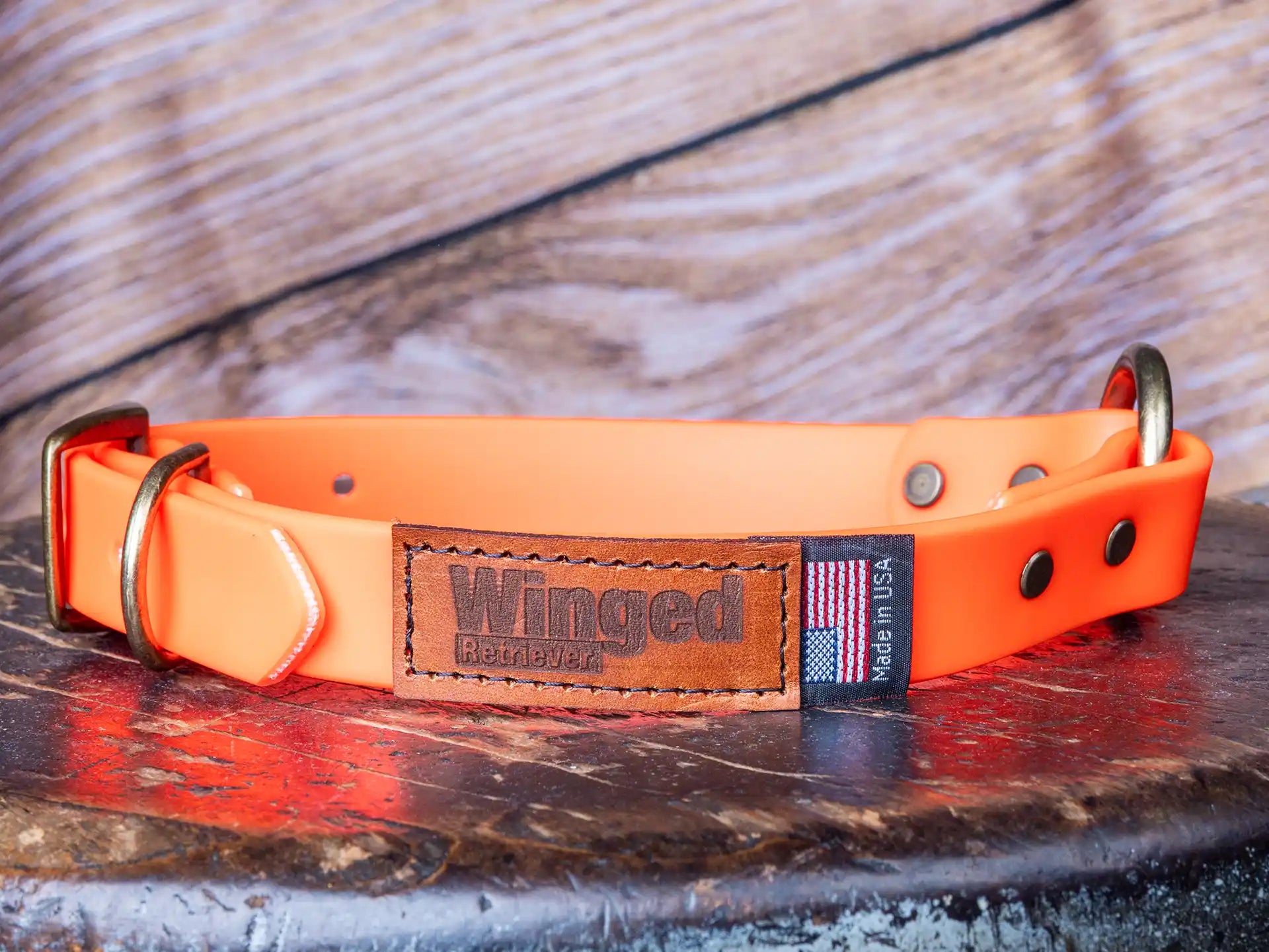 Patternmaster Jenny's Will Collar in bright orange with leather patch and USA flag.